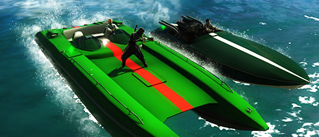 Two boats moving side by side at a high speed. An armed ninja is standing on top of one of them, ready to fire.