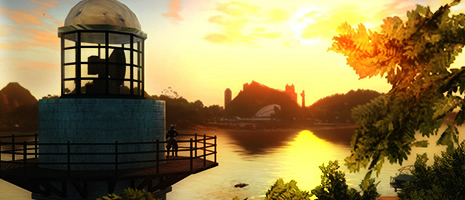 A mesmerizing view at the Panau International Airport at dawn. A lighthouse is captured in the frame, with a player standing on top of it.